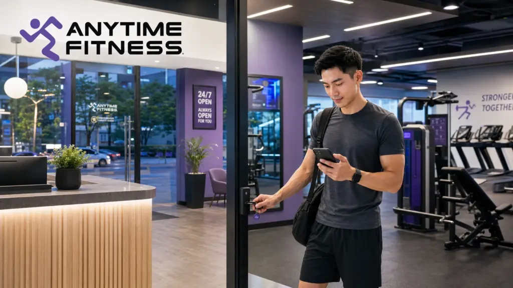 ภาพประกอบรีวิว Anytime Fitness พร้อมโลโก้ทางการและสมาชิกกำลังใช้กุญแจเข้า gym ช่วงเย็น