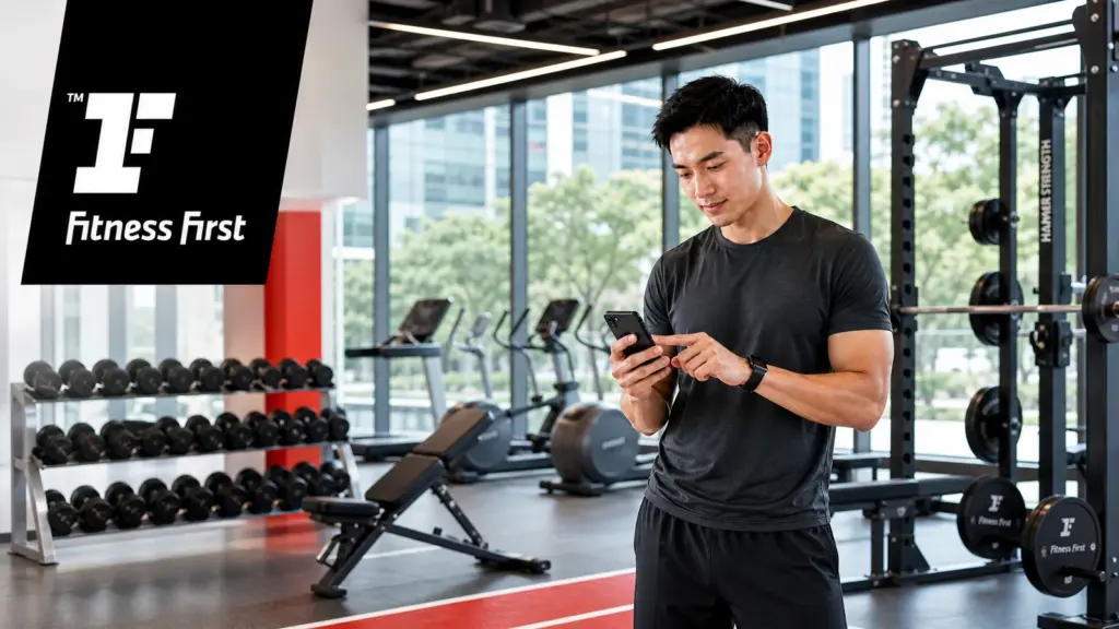 ภาพประกอบรีวิวราคา Fitness First พร้อมโลโก้ทางการและผู้ชายกำลังเปรียบเทียบสมาชิกในยิม