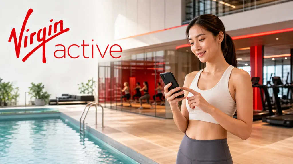 ภาพประกอบรีวิวราคา Virgin Active พร้อมโลโก้ทางการและผู้หญิงกำลังเปรียบเทียบสมาชิกใกล้สระและสตูดิโอ