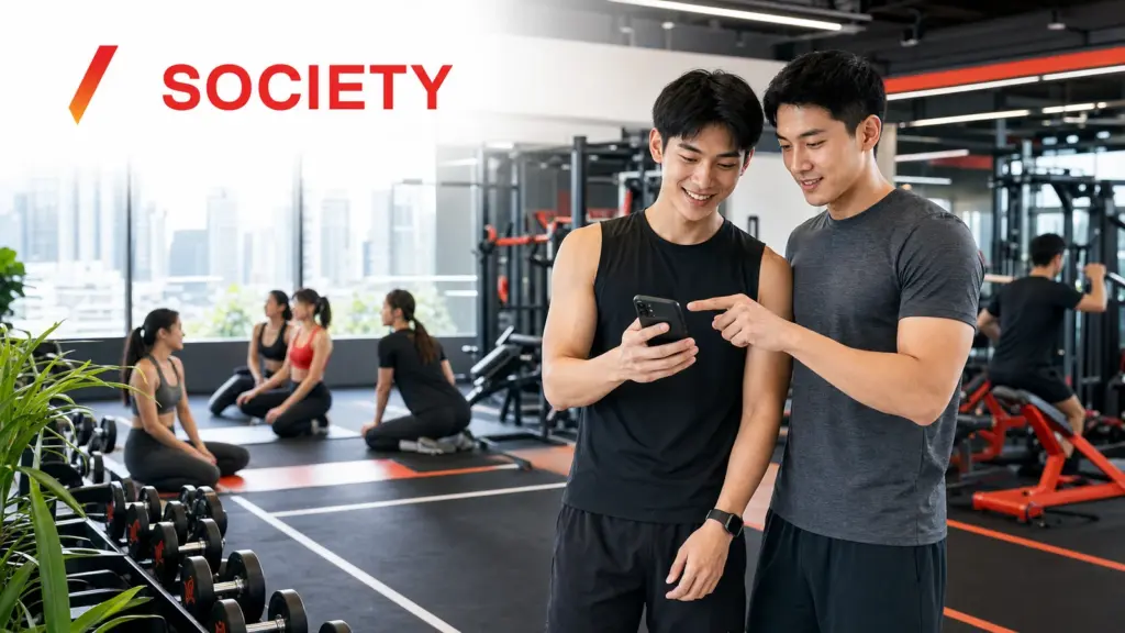 ภาพประกอบรีวิว WE Fitness Society พร้อมโลโก้ทางการและเพื่อนสองคนกำลังเปรียบเทียบสมาชิกในยิม
