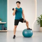 ยืนสลับม้วนดัมเบลวางเท้าบนลูกบอลออกกำลังกาย